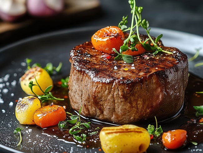 Zartes Rinderfilet stilvoll angerichtet mit Weinbegleitung im PURE Restaurant des Sheraton Offenbach.